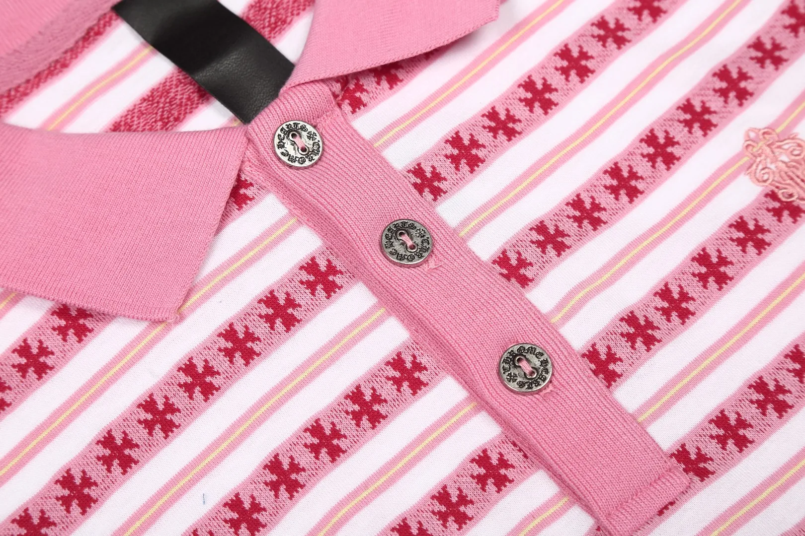 P210 White background picture [Popular item] Code: 25020# Color: Black/Pink/Blue Size: S to - CH Croix heart niche design cross jacquard striped long sleeves brings striped Polo to Next Levels. Loose fit. Same style for men and women. Lazy and casual. Street style. Three colors. Customized style.